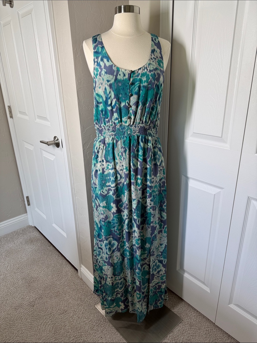 Anthropologie Maeve turquoise and purple printed maxi dress size large